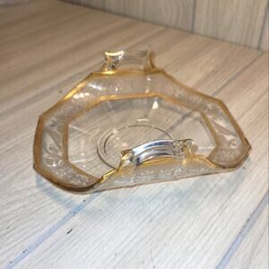 Vintage 1920s Etched Bon-Bon Tray Gold Trim Upturned Handles Dish Bird Floral